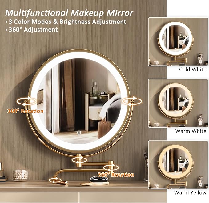 IKuinen Makeup Vanity Desk with Mirror and Lights, Small Vanity Table with 2 Drawers,Vanity Set for Bedroom with Microfiber Leather, 3 Lighting Modes - 31.5In Coffee