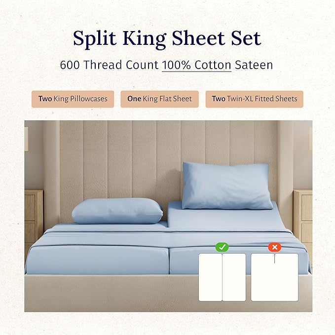California Design Den Split King Sheet Set - 100% Cotton, 600 Thread Count, Breathable Luxury King Size Sheets for Adjustable Bed, Luxury Hotel-Quality Sheets with Soft Sateen Weave - Blue