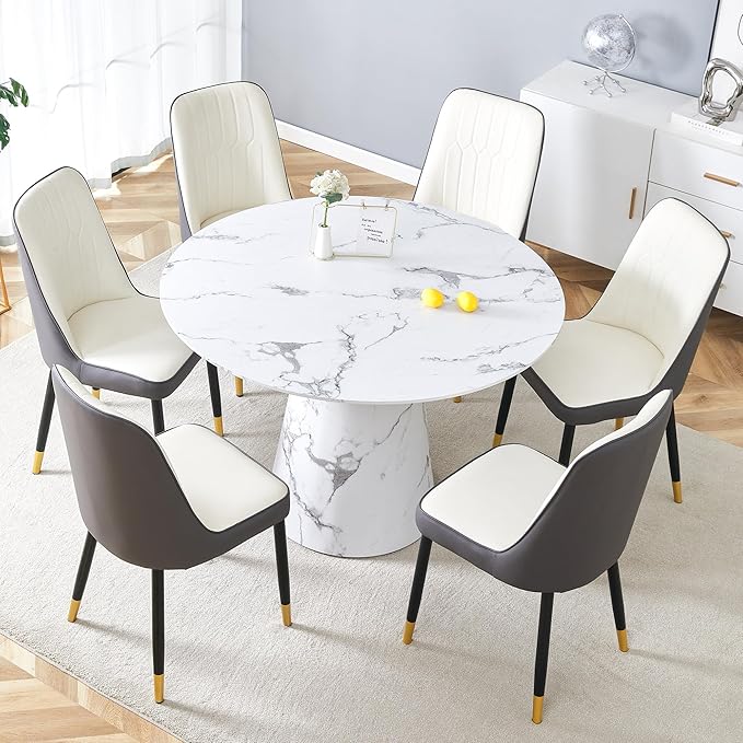 45 Inch Round Dining Table Set for 6, 7 Piece Kitchen Table and Chairs Set, White Faux Marble Table Top, Small Space Dining Set for Apartment or Dining Room
