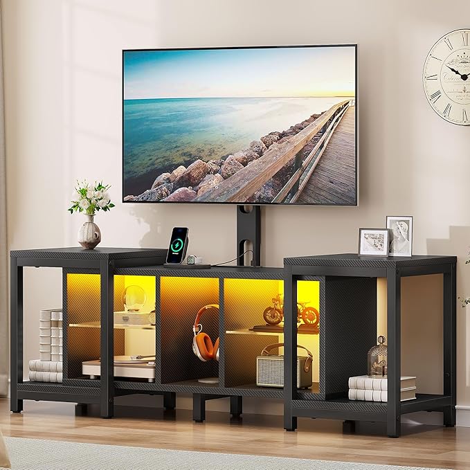 YITAHOME TV Stand with Mount for Living Room, Black Modern TV Stand for 70inch TV with Power Outlet & LED Lights, LED Entertainment Center, Gaming TV Console Cabinet, Black Carbon Fiber