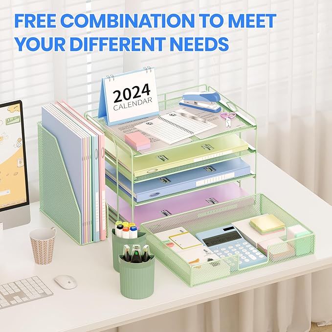 Desk Organizer and Accessories, 4-Tier Desktop File Organizer with Drawer and 2 Pen Holders, Office Desk Accessories for Office Supplies(Green)