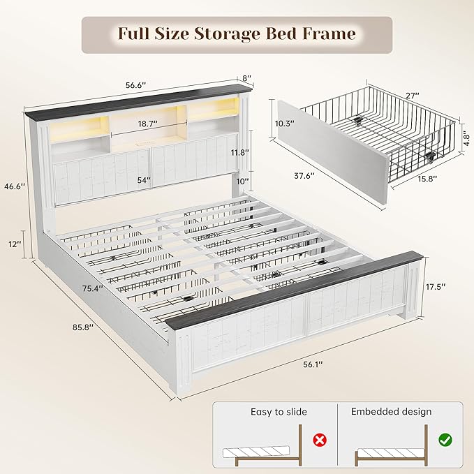 EnHomee Full Size Bed Frame with Headboard and Storage, 4 Drawers and LED Built in Charging Station Full Bed Frame with Storage Farmhouse,NO Noise,No Box Spring Needed,White