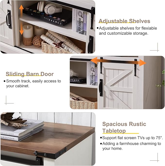 OKD Farmhouse TV Stand for 75 Inch TV with Sliding Barn Door, Rustic Wood Entertainment Center Large Media Console Cabinet Long Television Stands for 70 Inch TVs, Antique White