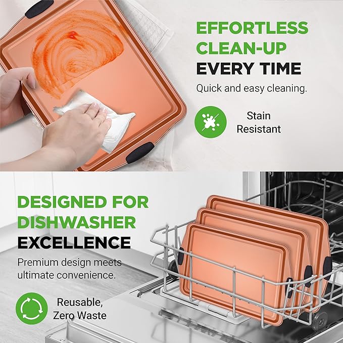 NutriChef 3 Piece Baking Pan Set - PFOA, PFOS, PTFE Free Flexible Nonstick Carbon Steel Bakeware Set - Home Kitchen Bake Pan Cookie Sheet Stackable Baking Tray Set w/Black Silicone Handles NCSBS3S45