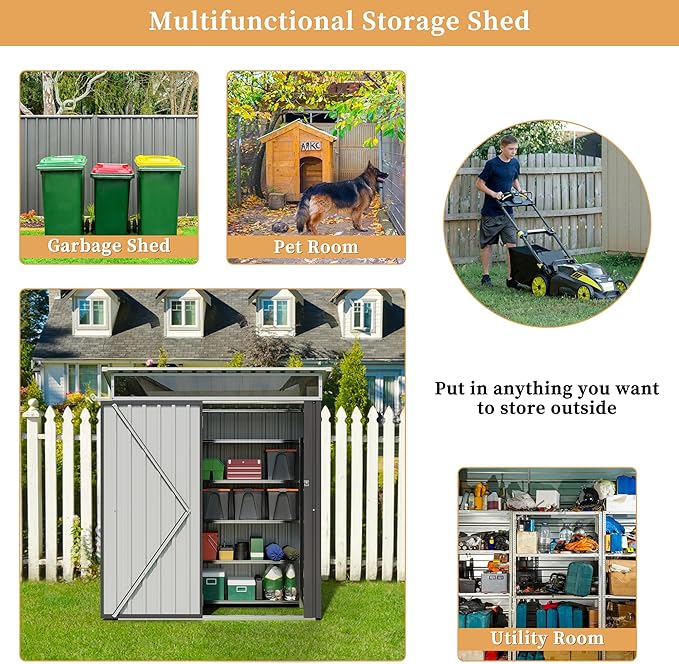 Vongrasig 5 x 3 x 6 FT Outdoor Storage Shed Clearance, Metal Garden Shed with Large Window and Lockable Door, Anti-Corrosion Waterproof Tool Shed for Backyard Patio, Lawn (Dark Gray)