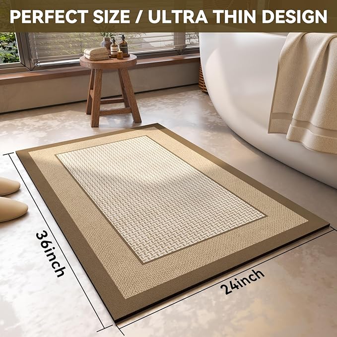 Non Slip Thin Bath Mat Bathroom Rugs, Rubber Backing Ultra Thin Bathroom Rug Fit Under Door, Quick Dry Super Absorbent Washable Shower Bath Mats, Khaki 24x36