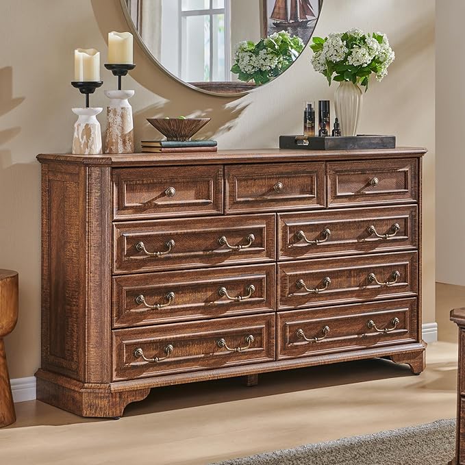 T4TREAM Farmhouse 9 Drawers Dresser for Bedroom, 54" Wide Wood Rustic Chest of Drawers with Natural Texture, Vintage Design, Storage Dressers Organizer for Bedroom, Living Room, Reclaimed Barnwood