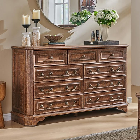 T4TREAM Farmhouse 9 Drawers Dresser for Bedroom, 54" Wide Wood Rustic Chest of Drawers with Natural Texture, Vintage Design, Storage Dressers Organizer for Bedroom, Living Room, Reclaimed Barnwood