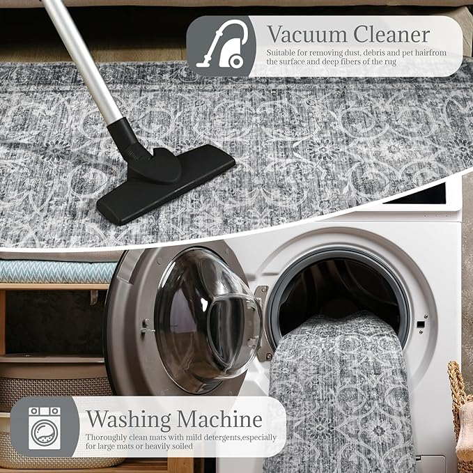 2'x6' Washable Runner Rug Utral Soft Lightweight Vintage Boho Distressed Non-Slip Backing,Low Pile Stain Resistant Farmhouse Rug for High-Traffic Hallway, Kitchen & Laundry