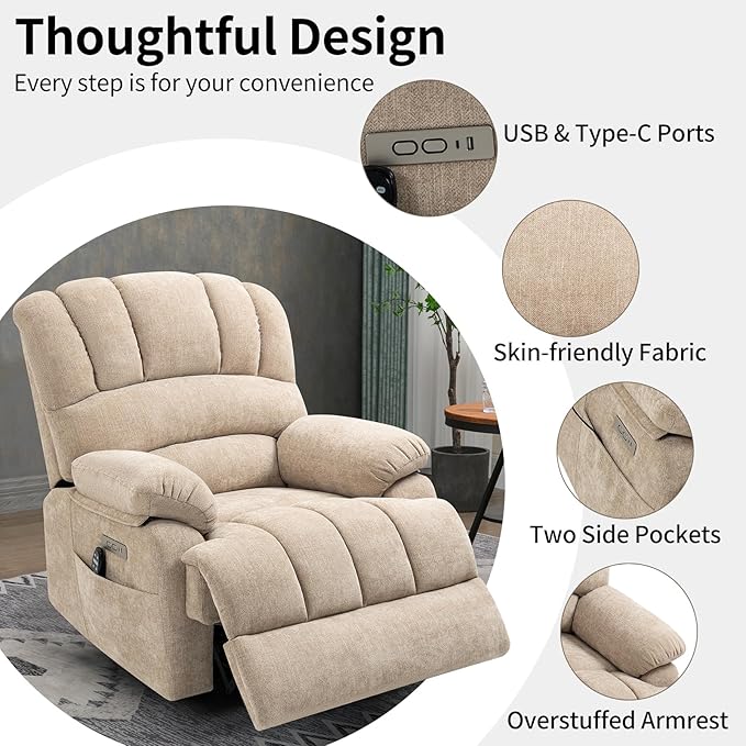 Large Recliner with Massage & Heat, Power Lift Chairs for Elderly, Beige Plush Recliner, 23" Seat Width, Extra Wide Reclinning for Seniors W/USB and Type-C Ports