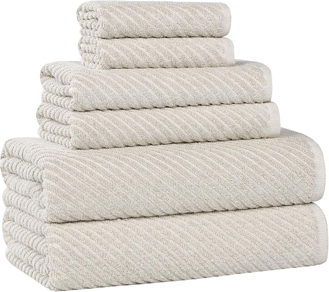 Superior Amelia Cotton Blend Medium Weight Towels, for Guest Bath, Bathroom, Shower, Spa, Plush, Quick Dry, Ultra-Soft Towels, Bath Essentials, Ribbed Design, 6 Piece Assorted Towel Set, Beige