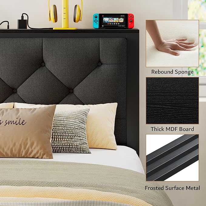 iPormis Twin Bed Frame with Storage Drawers, Linen Upholstered Headboard Platform Bed with Charging Station, No Box Spring Needed, Metal Slats Support, Noise-Free, Easy Assembly, Black