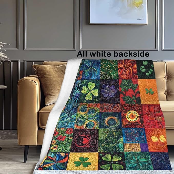 St Patricks Day Throw Blanket, Patchwork Style, Printed Shamrock Clover Blanket Gift for Women and Men, Lightweight Soft Fleece for Couch, Bed, Sofa, and Home Decor, 50x60 Inches