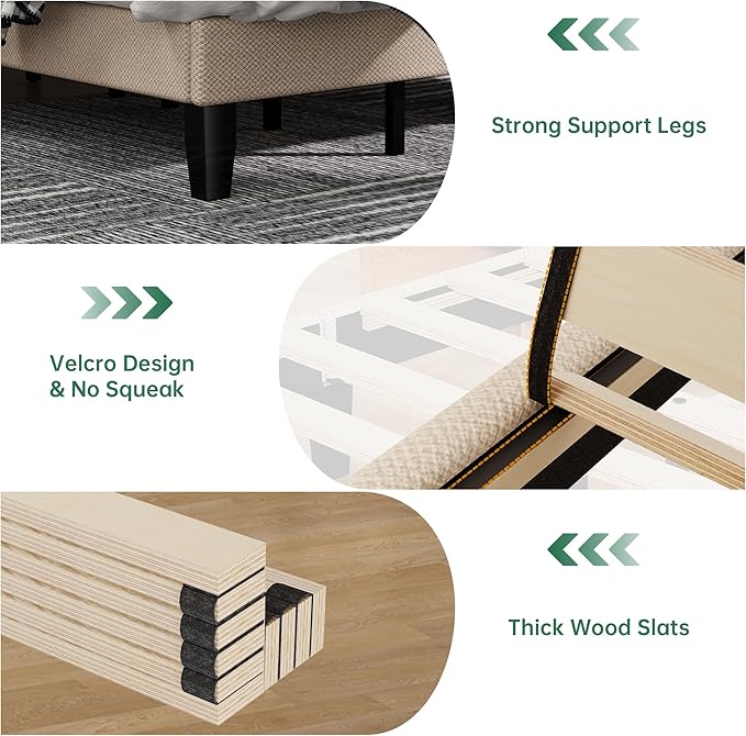 Queen Bed Frame,Modern Queen Size Bed Frame Fabric Platform Bed Frame with Upholstered Headboard and Wooden Slats Support,Easy Assembly,No Box Spring Needed, Beige