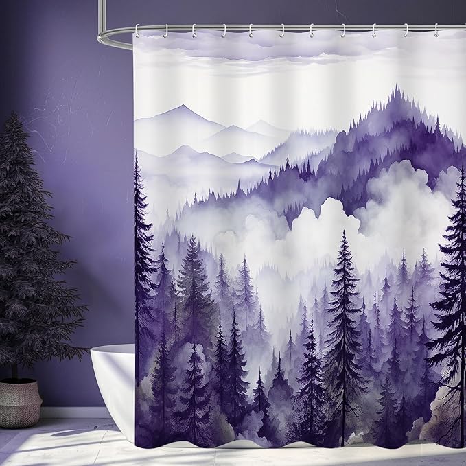 Purple Long Misty Pine Forest Shower Curtain 72 x 78, Mountain Foggy Woodland Scenery Tree 78 Inch Long Shower Curtains for Bathroom, Abstract Waterproof Nature-Themed Decor