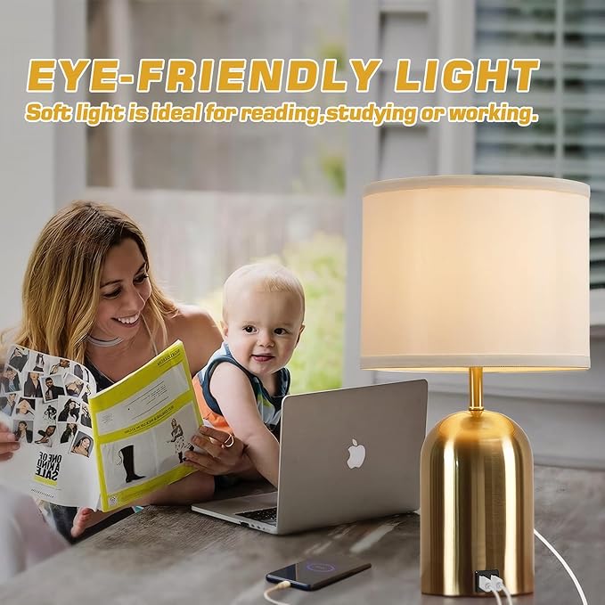 GyroVu Bedside Lamp with USB Port, Touch Control Table Lamp for Bedroom 3 Way Dimmable Modern Nightstand Lamp with Fabric Shade Gold Base for Living Room, Dorm, Home Office, LED Bulb Included