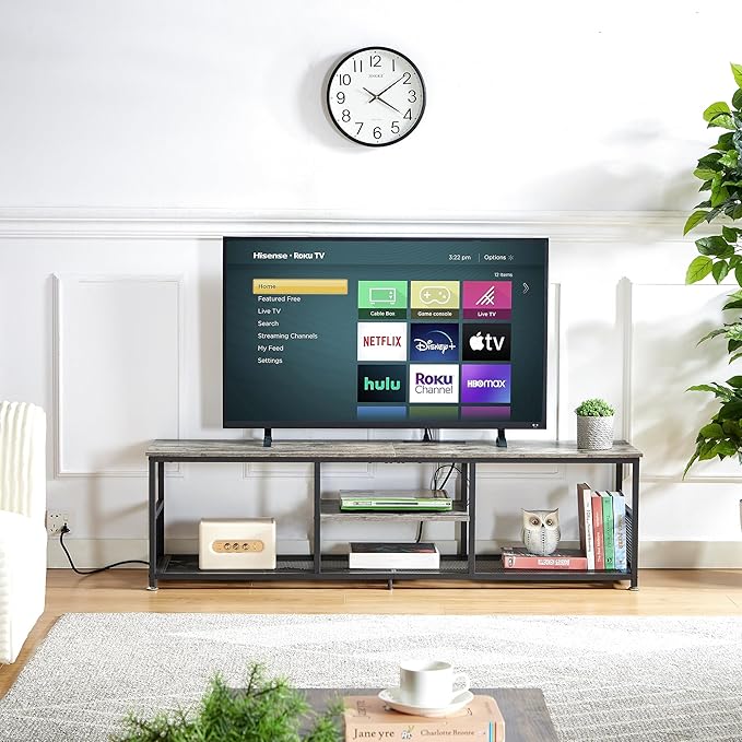 VECELO TV Stand with Power Outlets for Televisions up to 75Inch, 62" Media Entertainment Center with Charging Station 3-Tier Open Storage Shelves with Metal Frame for Living Room/Bedroom，Grey