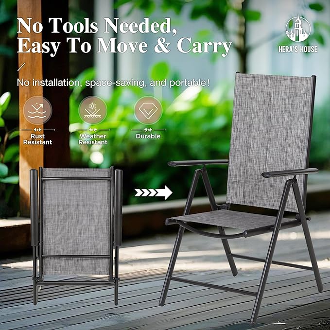 HERA'S HOUSE 7-Piece Outdoor Dining Set for 6, 64" Weather-Resistant Metal Patio Table with 6 Foldable Grey Chairs, Perfect for Garden, Backyard, Porch & Lawn (Space-Saving Design)