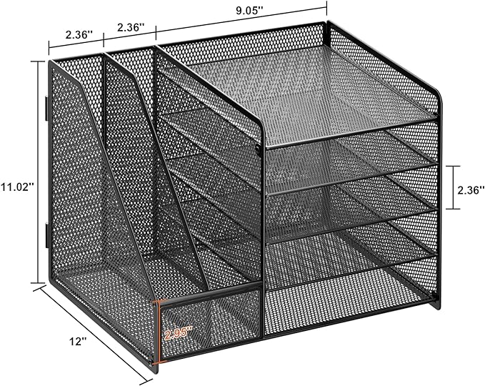 Marbrasse Desk Organizer with File Holder, 5-Tier Paper Letter Tray Organizer, Mesh Desk Organizers and Accessories with Magazine Holder, Desktop Storage for Office Supplies (Black)