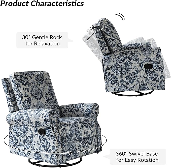 HULALA HOME Rocker Recliner Set of 2, Modern Printed Fabric Swivel Glider with Adjustable Backrest & Footrest, Upholstered Manual Recliner Chair Home Theater Singe Sofa for Living Room Bedroom, DAMASK