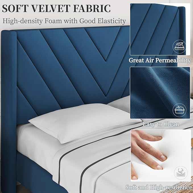 Yaheetech Queen Bed Frame Upholstered Platform Bed with Wing Side/Wooden Slat Support/Tufted Headboard with Wing Side/Mattress Foundation/No Box Spring Needed,Blue Queen Bed