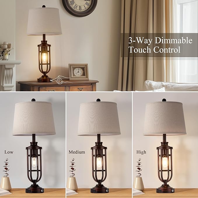28" Table Lamps for Living Room Set of 2, Farmhouse Bedroom Lamps for Nightstand with USB A+C, Rustic Bedside Lamps for End Tables, Bulbs Included