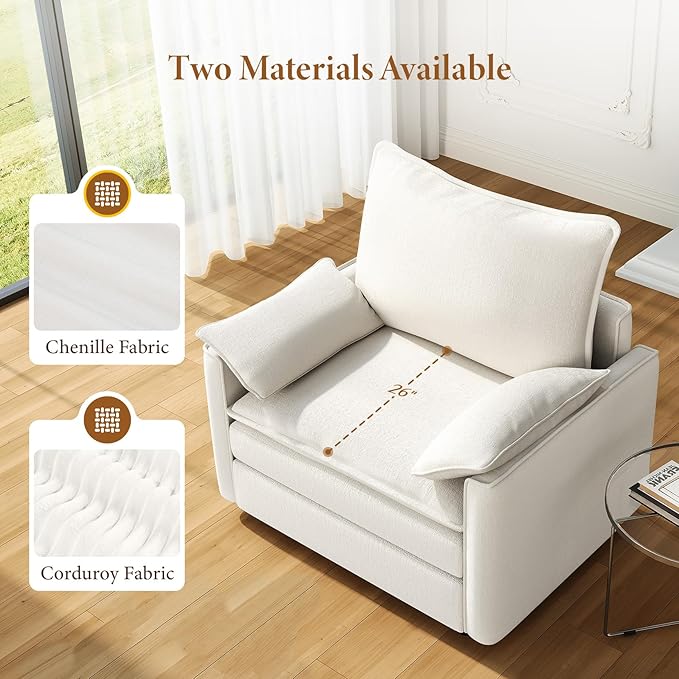 Vesgantti 40" Single Seat Sofa, Comfy Cloud Couch Deep Seat Upholstered Couch Chenille Modern Sofa with Armrest Pillow, Easy Assembly for Living Room, Bedroom and Apartment, Snow White