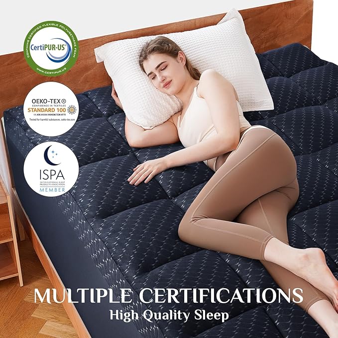Dual Layer 3 Inch Memory Foam Mattress Topper King Size, 2 Inch Gel Memory Foam Plus 1 Inch Cooling Pillow Top Mattress Pad Cover, with 8-21 Inch Deep Pocket, Navy Blue