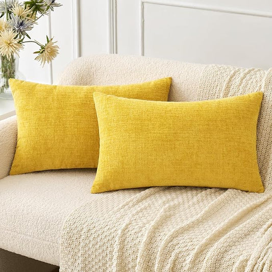MIULEE Pack of 2 Couch Throw Pillow Covers 12x20 Inch Soft Yellow Chenille Pillow Covers for Sofa Living Room Solid Dyed Pillow Cases