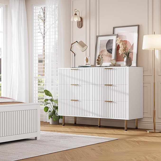 White 6 Drawer Dresser for Bedroom, Fluted 47.2" Wide Modern Chest of Drawers with Deep Drawers, Long Large Double Dresser TV Stand for Living Room, Hallway, Kids Room