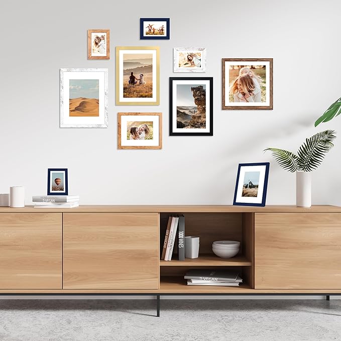 11x14 Picture Frame Set of 4, 11 x 14 Wood Photo Frames with Mat for 8x10, Natural Wooden Frame with Real Glass Cover for Wall and Tabletop Display,Rustic Brown