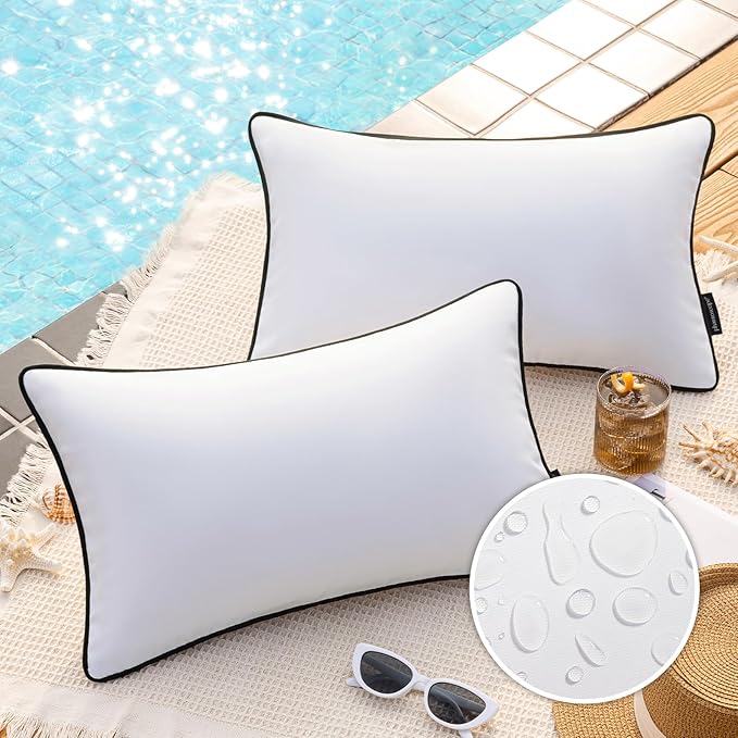 Phantoscope Pack of 2 Outdoor Waterproof Throw Pillow Covers with Contrast Piping, Decorative Square Cushion Case Patio Pillows for Couch Tent Sunbrella, Pure White 12x20 inches