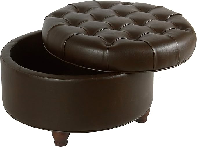 Homepop Home Decor | Button Tufted Faux Leather Round Storage Ottoman | Ottoman with Storage for Living Room & Bedroom (Distressed Brown)