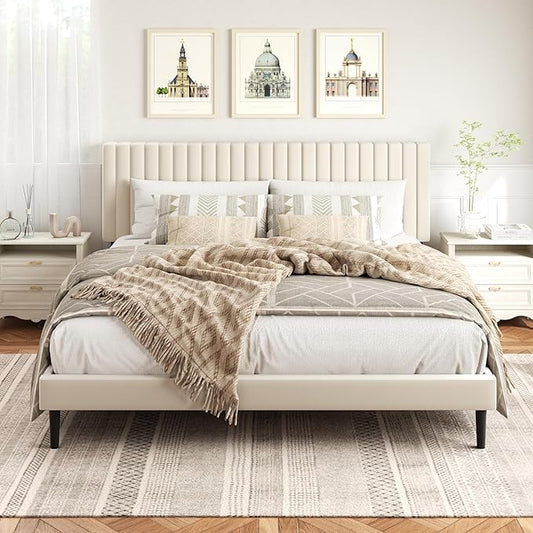 King Size Bed Frame,King Size Platform Bed Frame and Velvet Upholstered Headboard with Strong Wood Slats, Box Spring Optional, Mattress Foundation, Easy Assembly Beige