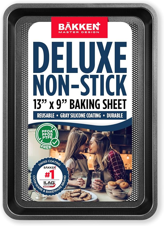 BAKKEN Kitchen Baking Pans - Nonstick Gray Coating, 13.58’’ × 9.65’’ Commercial Grade Carbon Steel Cookie Sheet, Diamond Texture Bottom, PFOA, PFOS, PTFE Free, Oven Safe Tray (450°F), Gray