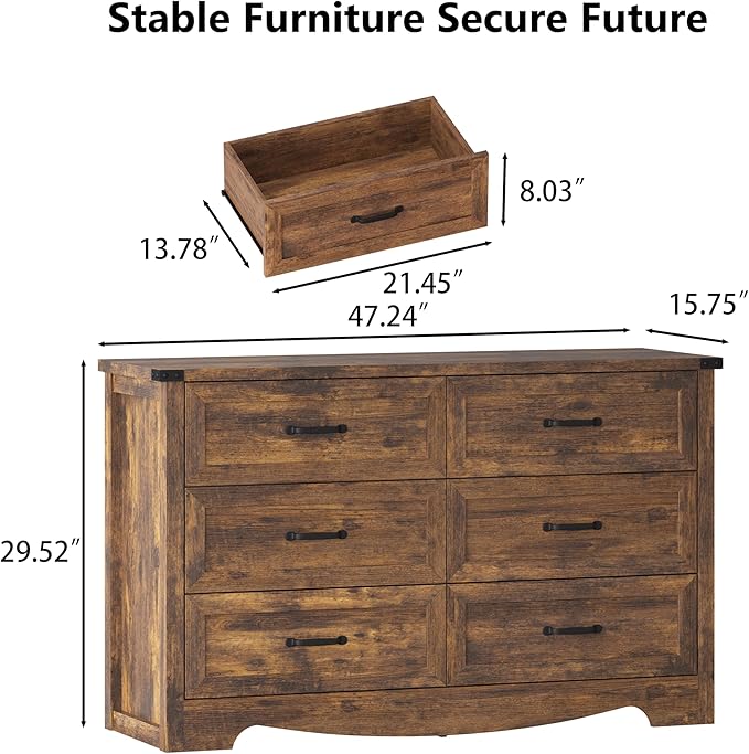 6-Drawer Dresser for Bedroom – 47" Wide Modern Wooden Chest with Natural Wood Texture, TV Stand & Storage, Metal Corner Brackets, Wood Drawer Organizer for Living Room, Hallway