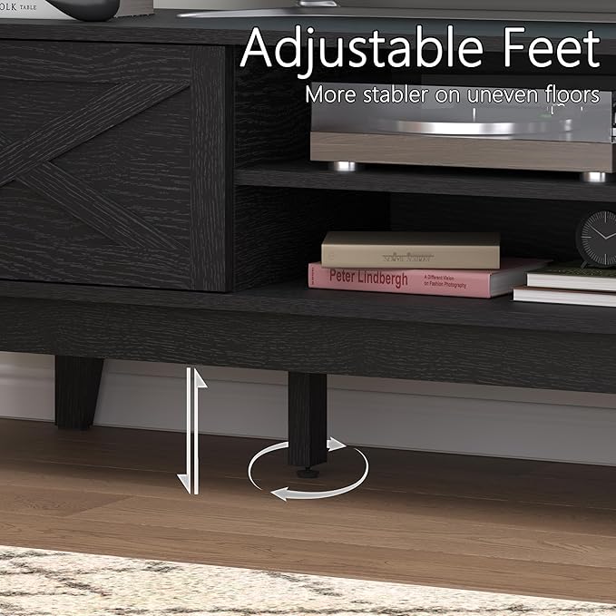 TV Stand for 55/60/65 Inch TV, Farmhouse Entertainment Center with Shelves, Cabinets and Sliding Doors, Rustic TV Media Console Table with Solid Wood Feet & Cord Holes for Living Room, Bedroom, Black