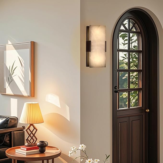 Doraimi Lighting 2 Pack 2 Light 12" Natural Square Alabaster Marble Bathroom Wall Sconce Modern Concise Style Wall Light Fixture,Oil Rubbed Bronze Finish for Bedroom Hallway Bedside Living Room