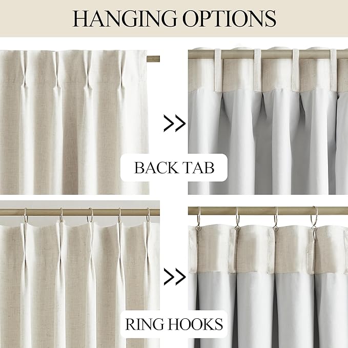 Vision Home Natural Pinch Pleated Full Blackout Curtains Linen Blended Room Darkening Window Curtains 102 inch for Living Room Bedroom Thermal Insulated Pinch Pleat Drapes with Hooks 60" Wx102 Lx1