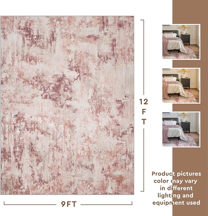 tchdio Area Rug 9x12 Rugs for Living Room- Abstract Soft Living Room Rug-Non Slip Carpet- Washable Pink Rug for Bedroom Dining Room Home Office