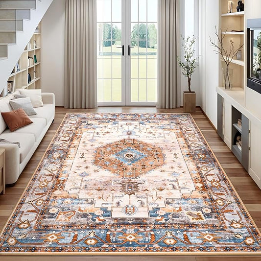 Washable Area Rugs for Living Room, Orange 4x6 Non Slip Vintage Floral Room Rug for Bedroom, Low Pile Indoor Carpet for Dining Room, Home Office, Kitchen, Dorm