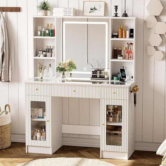 Vanity Desk with Mirror and Lights, Modern Makeup Vanity with Glass Top, Fluted Dressing Table Vanity Set with 3 Drawers, 4 Open Shelves, and Storage Cabinets for Bedroom, 3 Color Modes