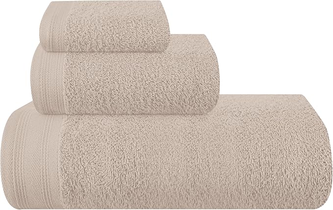 Ultra Soft 3 Pack Cotton Towel Set, Contains a Bath Towels 28x55 inch, a Hand Towels 16x24 inch & a Wash Coths 12x12 inch, Ideal Everyday use, Compact & Lightweight - Tan