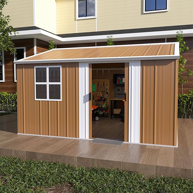 12x10 FT Outdoor Storage Shed, Metal Tool Storage with Updated Frame Structure, Vertical Outside Storage Building, Ventilation, Sloped Roof, Metal Garden Shed for Backyard, Lawn, Patio (12x10 FT)