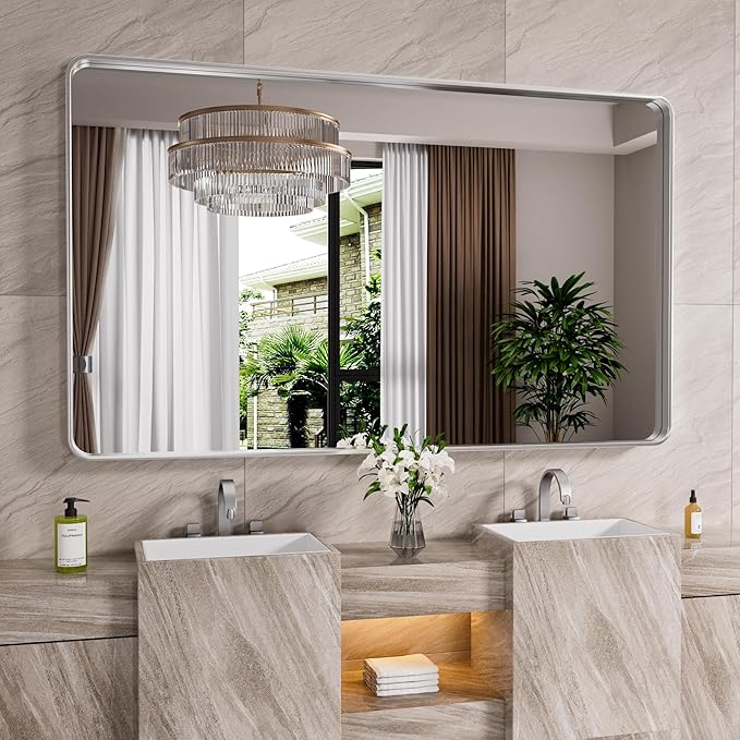 Brushed Nickel Bathroom Mirror 55x30 Inch, Brushed Silver Metal Frame Mirror Wall Mounted, Rounded Rectangle Bathroom Vanity Mirror, Tempered Glass, Anti-Rust, Horizontal/Vertical