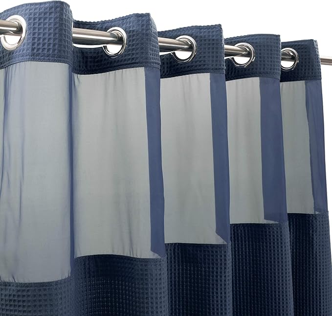 River Dream Navy Blue Fabric Shower Curtain Set, Cotton Blend, Waffle Weave, with Snap in Replacement Liner，54 x 80inches