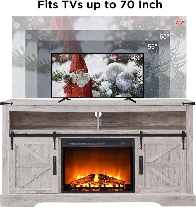 OKD Fireplace TV Stand for 65+ Inch TV, 33" Tall Highboy Farmhouse Entertainment Center w/ 23'' Electric Fireplace, Rustic Media Console w/Sliding Barn Door for Living Room, Antique Brush White