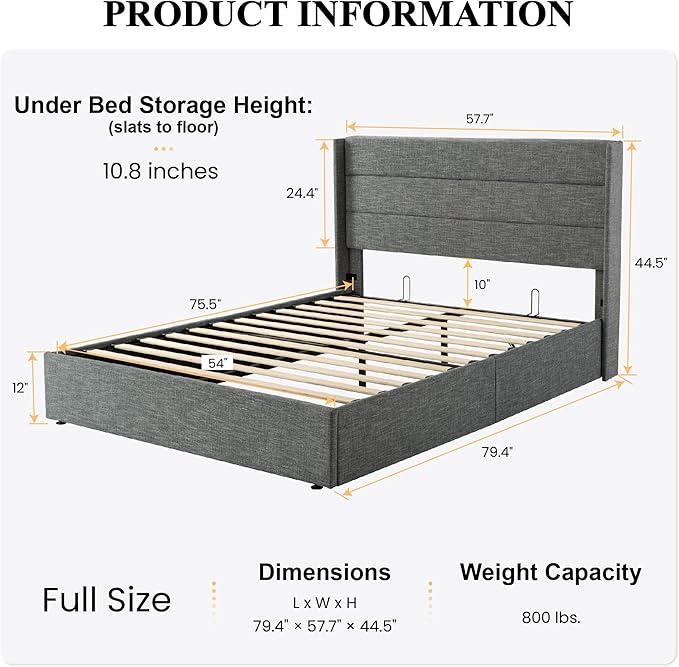 SHA CERLIN Full Size Lift Up Storage Bed/Modern Wingback Headboard/Upholstered Platform Bed Frame/Hydraulic Storage/No Box Spring Needed/Wood Slats Support/Grey Blue