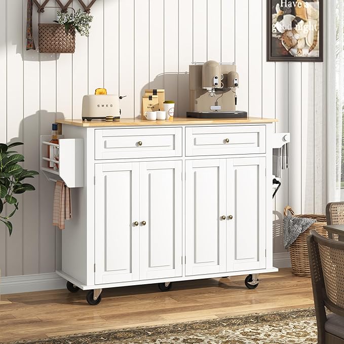 51.2" Movable Kitchen Island with Drop Leaf and Power Outlet, Rolling Island Cart w/Storage Cabinet, Island Table on Wheels for Kitchen w/2 Drawers, Spice Rack, Towel Bar, Garage Hook, White