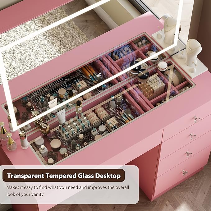 39" Vanity Desk with Mirror and Lights, 5 Drawers Makeup Vanity Desk with Tempered Glass top, 3 Lighting Modes Adjustable Brightness, Pink Vanity with Magnetic 5X Magnifier for Bedroom